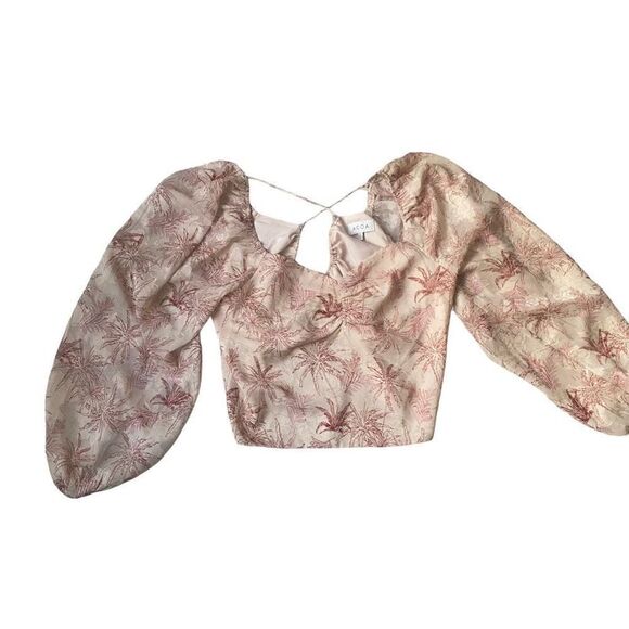 ACOA Floral Print Open Back Top Size Large Romantic Crop Balloon Sleeve, N23 - Picture 1 of 12